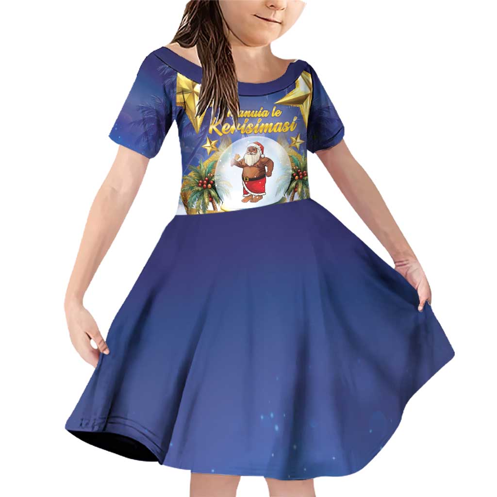 Samoa Christmas Family Matching Off Shoulder Short Dress and Hawaiian Shirt Snow Globe With Samoan Santa LT05 Daughter's Dress Navy - Polynesian Pride