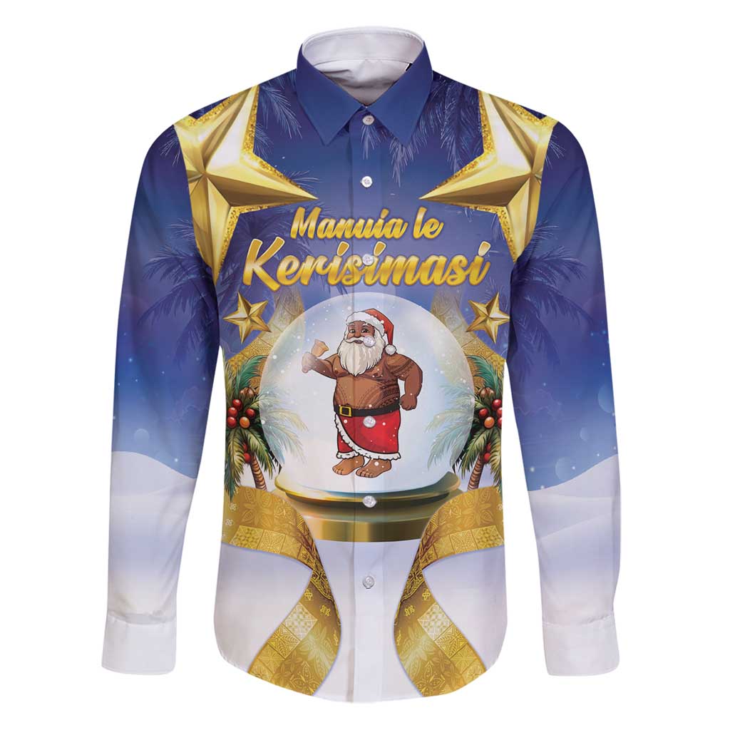 Samoa Christmas Family Matching Puletasi and Hawaiian Shirt Snow Globe With Samoan Santa LT05 Dad's Shirt - Long Sleeve Navy - Polynesian Pride