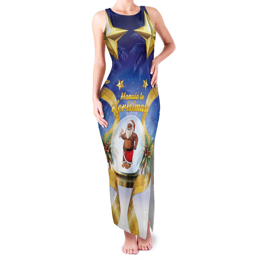 Samoa Christmas Family Matching Tank Maxi Dress and Hawaiian Shirt Snow Globe With Samoan Santa LT05 Mom's Dress Navy - Polynesian Pride