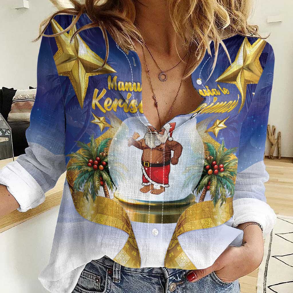 Samoa Christmas Women Casual Shirt Snow Globe With Samoan Santa - Polynesian Pride