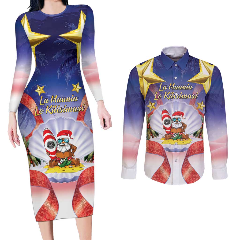American Samoa Christmas Couples Matching Long Sleeve Bodycon Dress and Long Sleeve Button Shirt Seashell Santa Beach Vibes LT05 Navy - Polynesian Pride
