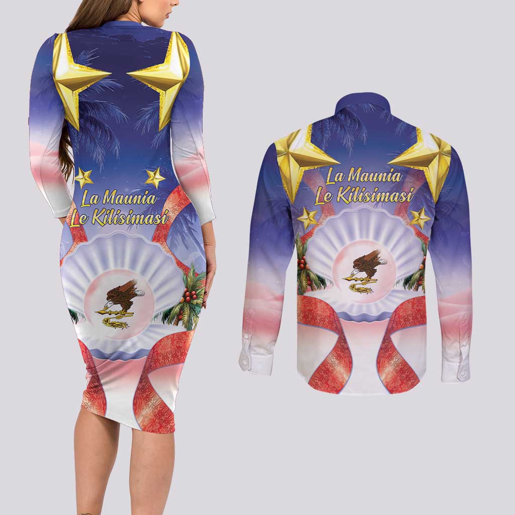 American Samoa Christmas Couples Matching Long Sleeve Bodycon Dress and Long Sleeve Button Shirt Seashell Santa Beach Vibes LT05 - Polynesian Pride