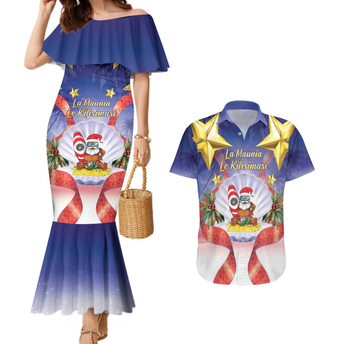American Samoa Christmas Couples Matching Mermaid Dress and Hawaiian Shirt Seashell Santa Beach Vibes LT05 Navy - Polynesian Pride