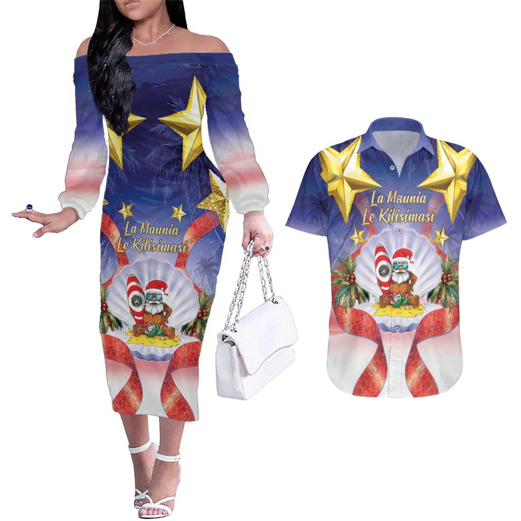 American Samoa Christmas Couples Matching Off The Shoulder Long Sleeve Dress and Hawaiian Shirt Seashell Santa Beach Vibes LT05 Navy - Polynesian Pride