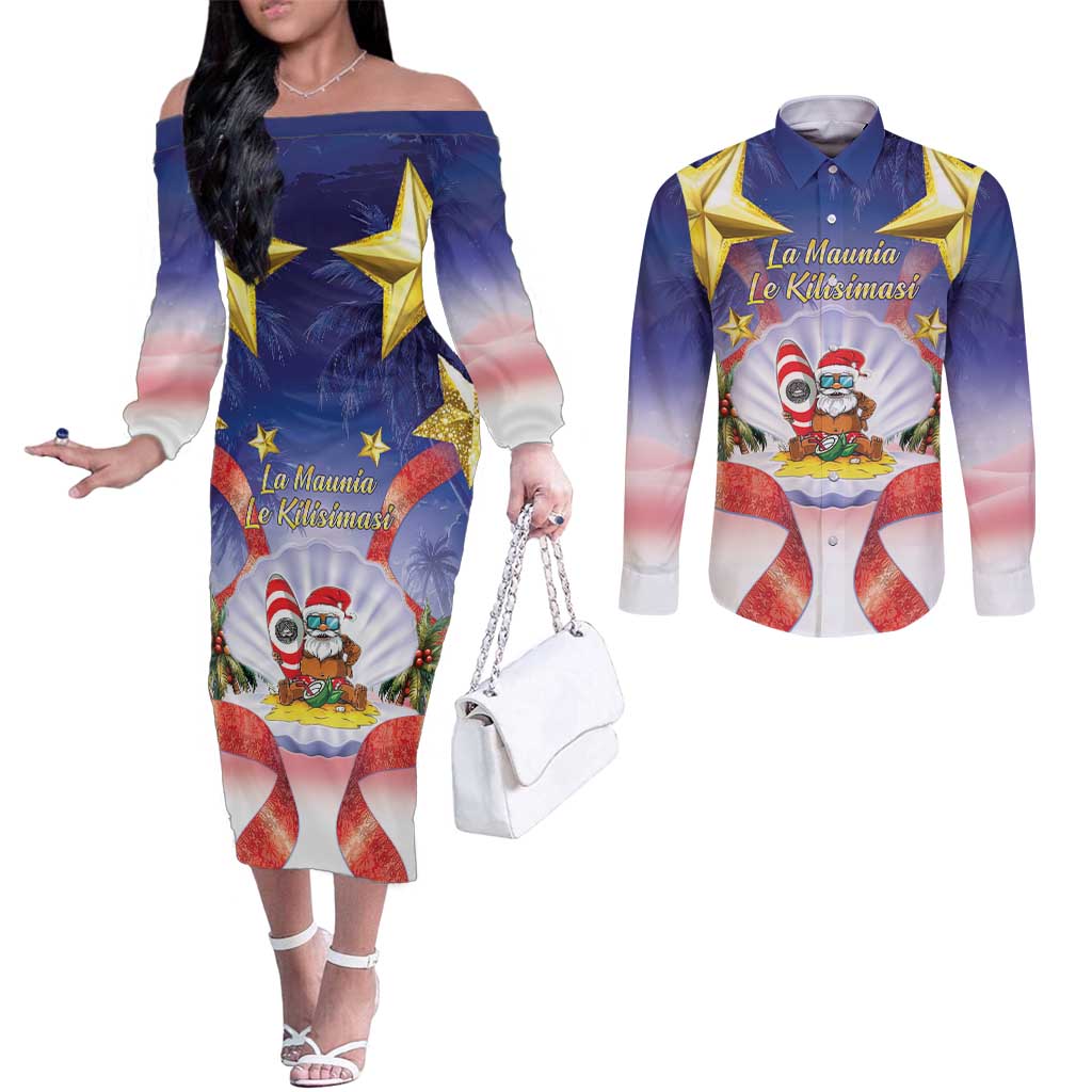 American Samoa Christmas Couples Matching Off The Shoulder Long Sleeve Dress and Long Sleeve Button Shirt Seashell Santa Beach Vibes - Polynesian Pride