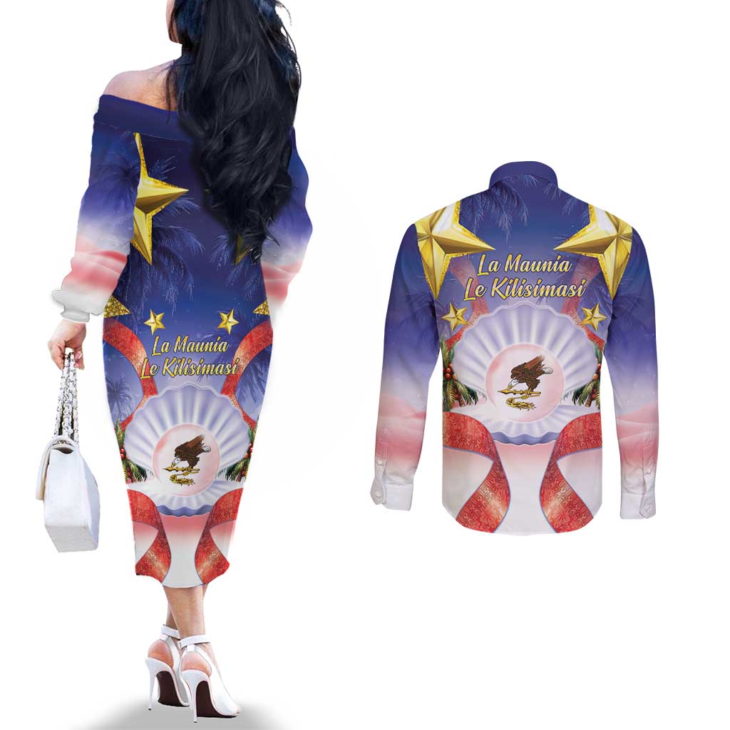 American Samoa Christmas Couples Matching Off The Shoulder Long Sleeve Dress and Long Sleeve Button Shirt Seashell Santa Beach Vibes LT05 - Polynesian Pride