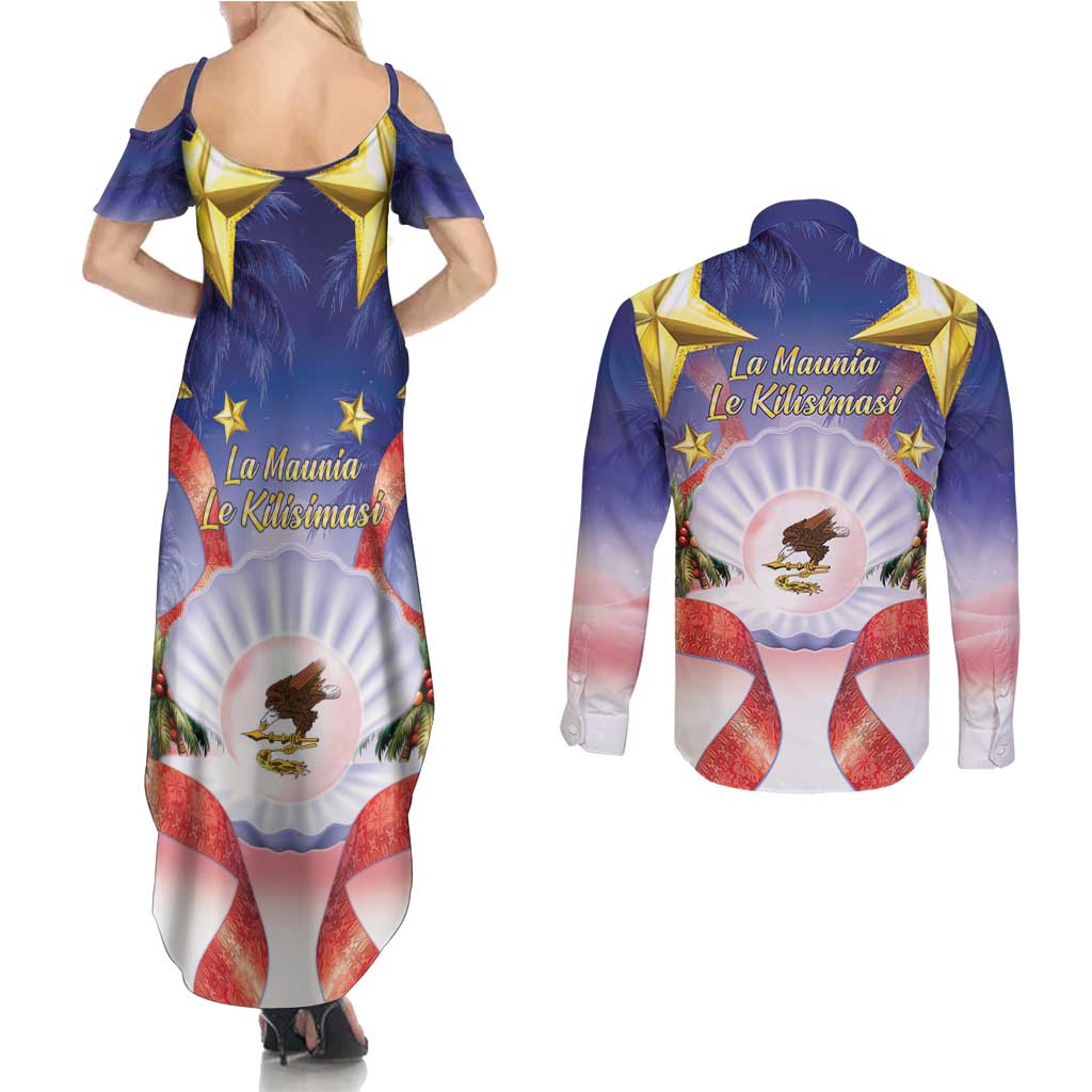 American Samoa Christmas Couples Matching Summer Maxi Dress and Long Sleeve Button Shirt Seashell Santa Beach Vibes - Polynesian Pride