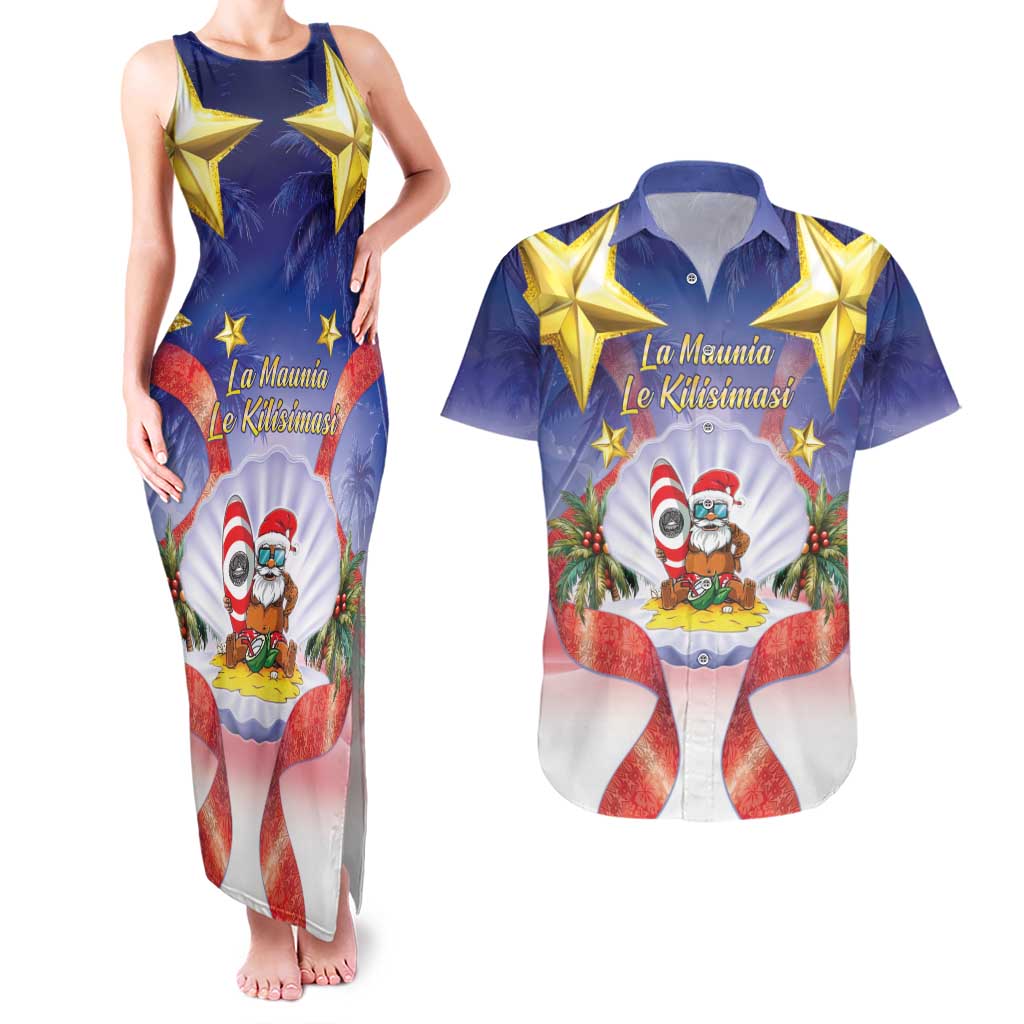 American Samoa Christmas Couples Matching Tank Maxi Dress and Hawaiian Shirt Seashell Santa Beach Vibes LT05 Navy - Polynesian Pride