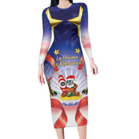 American Samoa Christmas Family Matching Long Sleeve Bodycon Dress and Hawaiian Shirt Seashell Santa Beach Vibes LT05 Mom's Dress Navy - Polynesian Pride