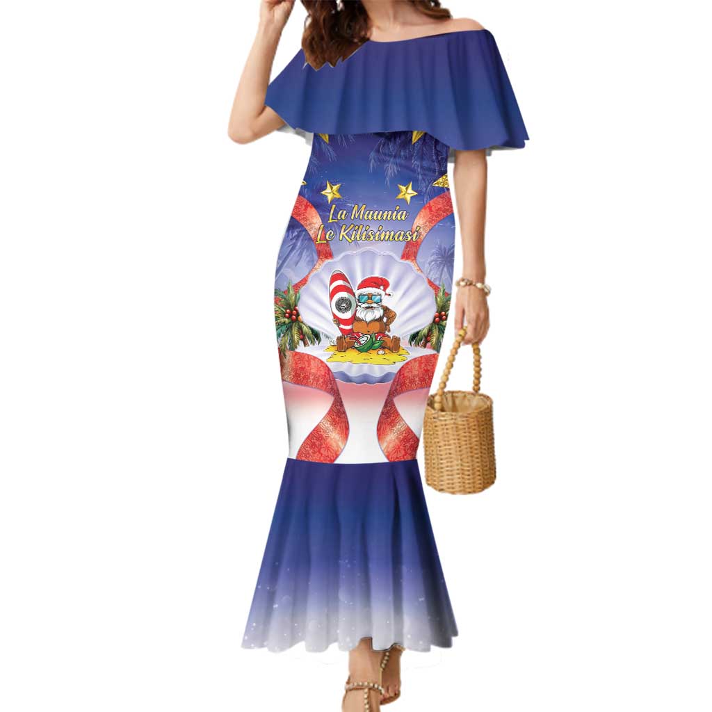 American Samoa Christmas Family Matching Mermaid Dress and Hawaiian Shirt Seashell Santa Beach Vibes LT05 Mom's Dress Navy - Polynesian Pride