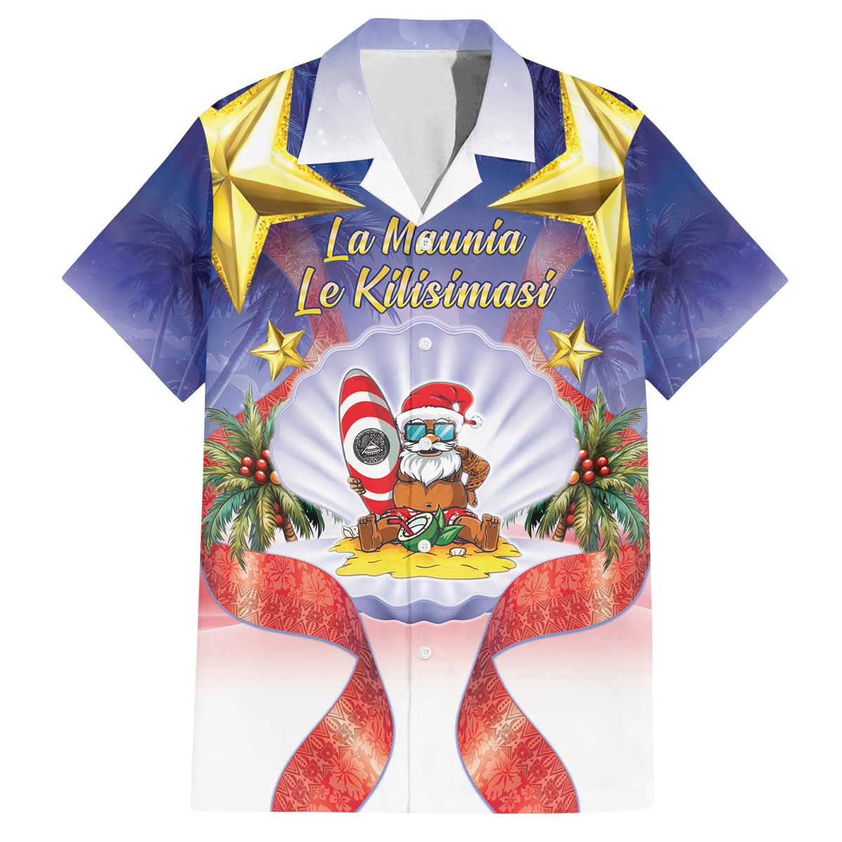 American Samoa Christmas Family Matching Off The Shoulder Long Sleeve Dress and Hawaiian Shirt Seashell Santa Beach Vibes LT05 Dad's Shirt - Short Sleeve Navy - Polynesian Pride