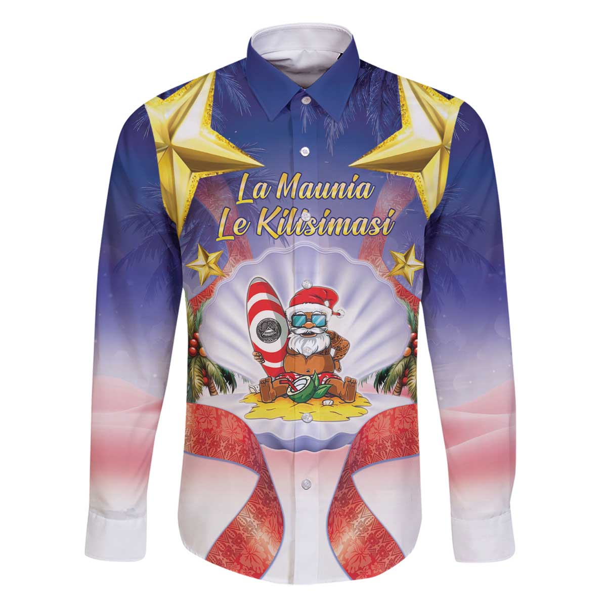 American Samoa Christmas Family Matching Off The Shoulder Long Sleeve Dress and Hawaiian Shirt Seashell Santa Beach Vibes LT05 Dad's Shirt - Long Sleeve Navy - Polynesian Pride