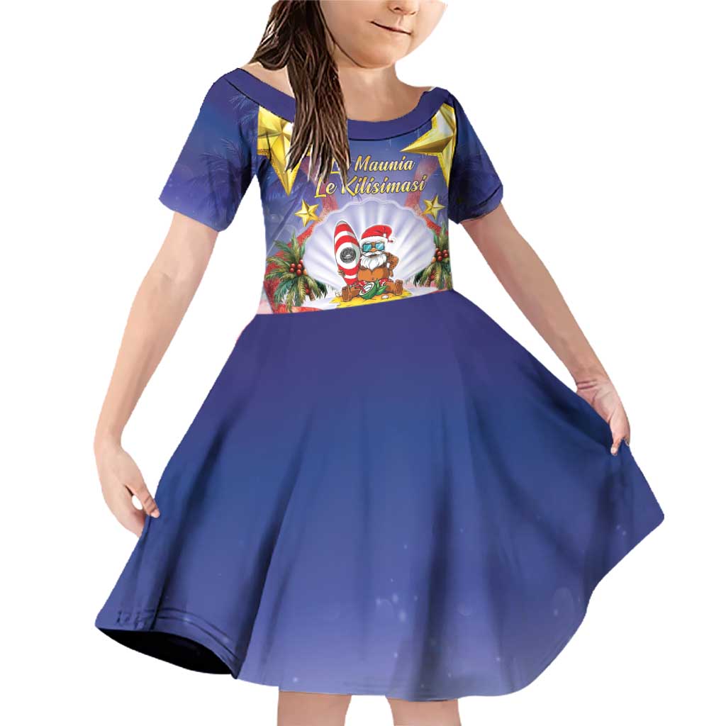 American Samoa Christmas Family Matching Off Shoulder Short Dress and Hawaiian Shirt Seashell Santa Beach Vibes LT05 Daughter's Dress Navy - Polynesian Pride