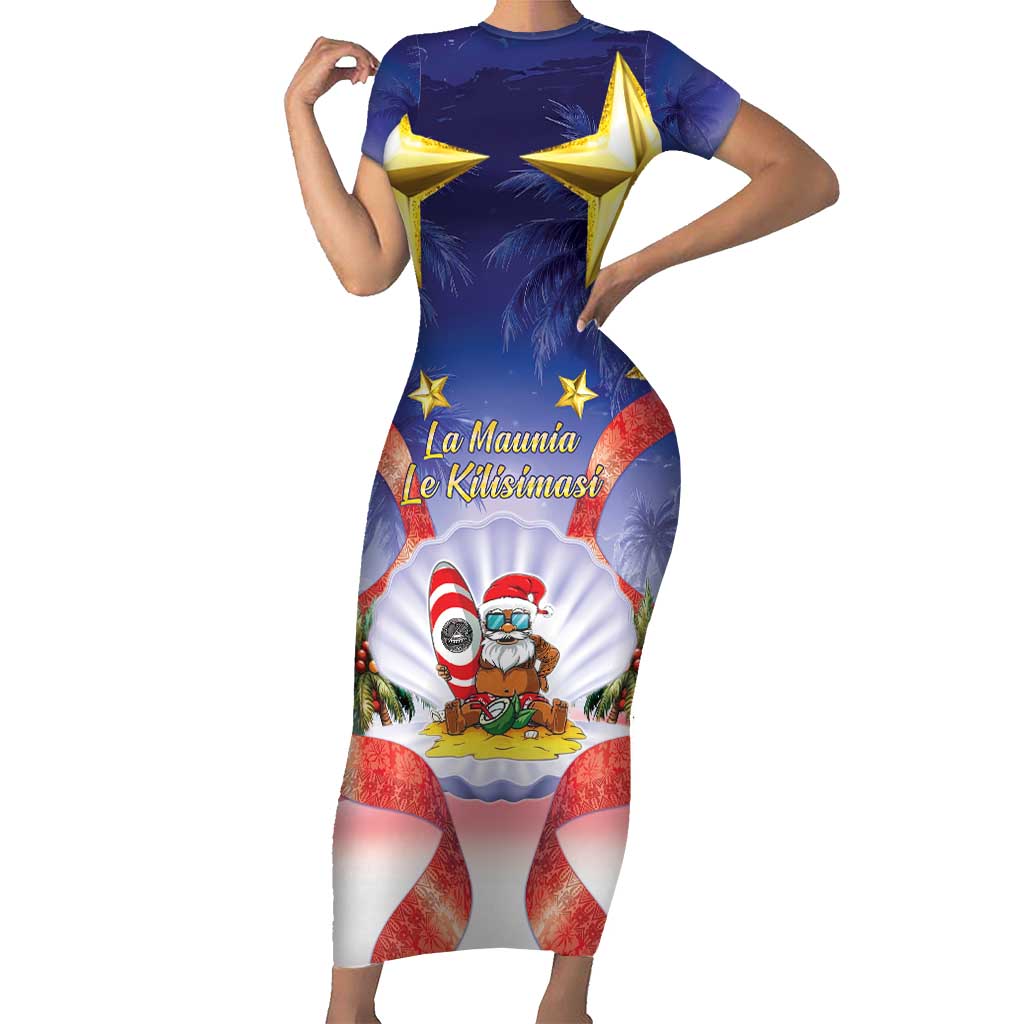 American Samoa Christmas Family Matching Short Sleeve Bodycon Dress and Hawaiian Shirt Seashell Santa Beach Vibes LT05 Mom's Dress Navy - Polynesian Pride