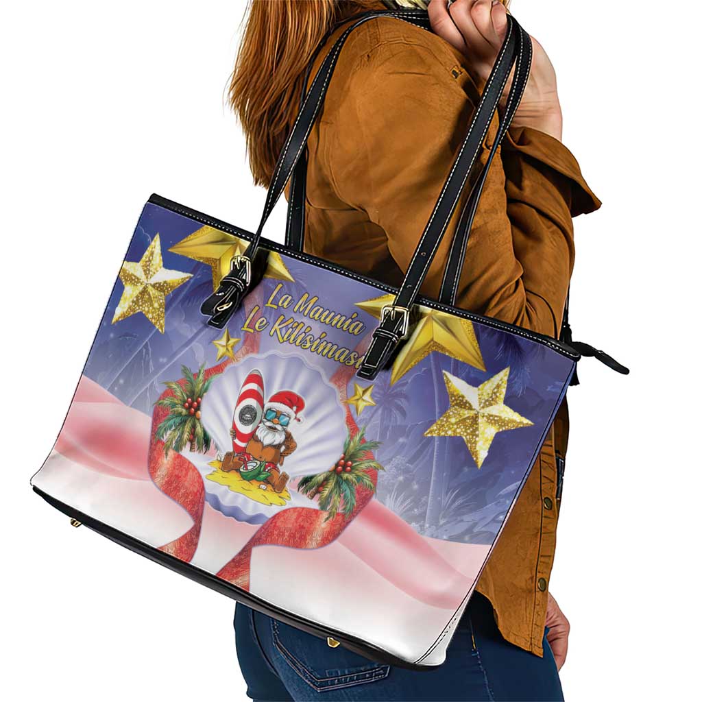 American Samoa Christmas Leather Tote Bag Seashell Santa Beach Vibes - Polynesian Pride