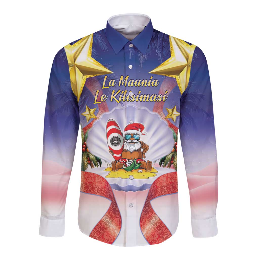 American Samoa Christmas Long Sleeve Button Shirt Seashell Santa Beach Vibes LT05 Unisex Navy - Polynesian Pride