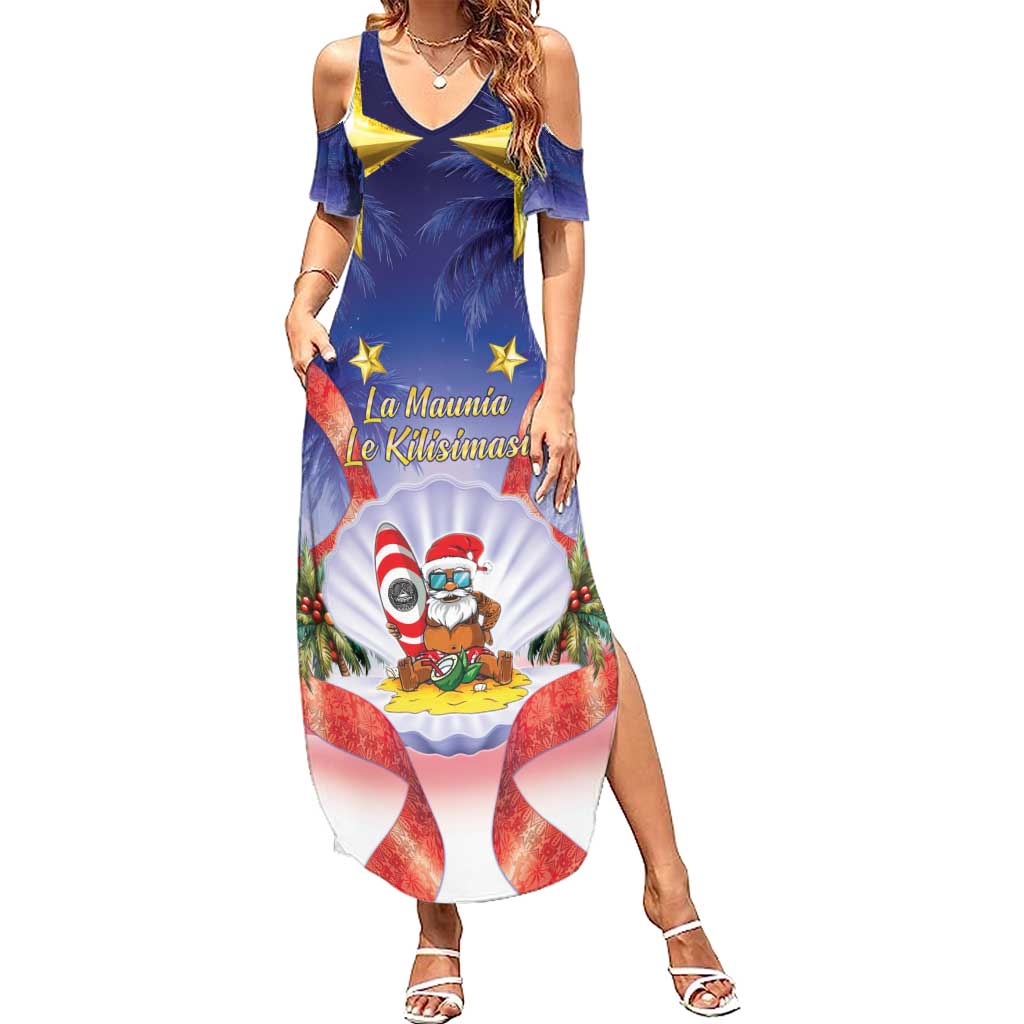 American Samoa Christmas Summer Maxi Dress Seashell Santa Beach Vibes LT05 Women Navy - Polynesian Pride