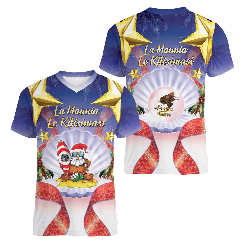 American Samoa Christmas Women V-Neck T-Shirt Seashell Santa Beach Vibes - Polynesian Pride