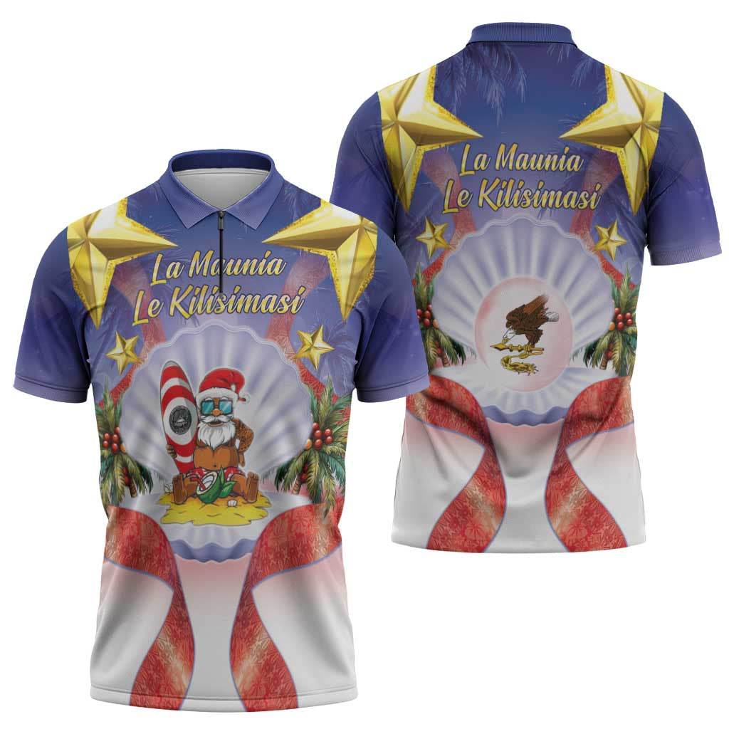 American Samoa Christmas Zipper Polo Shirt Seashell Santa Beach Vibes - Polynesian Pride