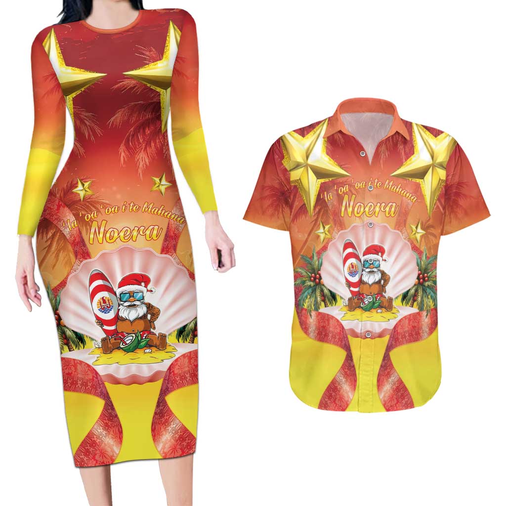 French Polynesia Christmas Couples Matching Long Sleeve Bodycon Dress and Hawaiian Shirt Seashell Santa Beach Vibes LT05 Orange - Polynesian Pride