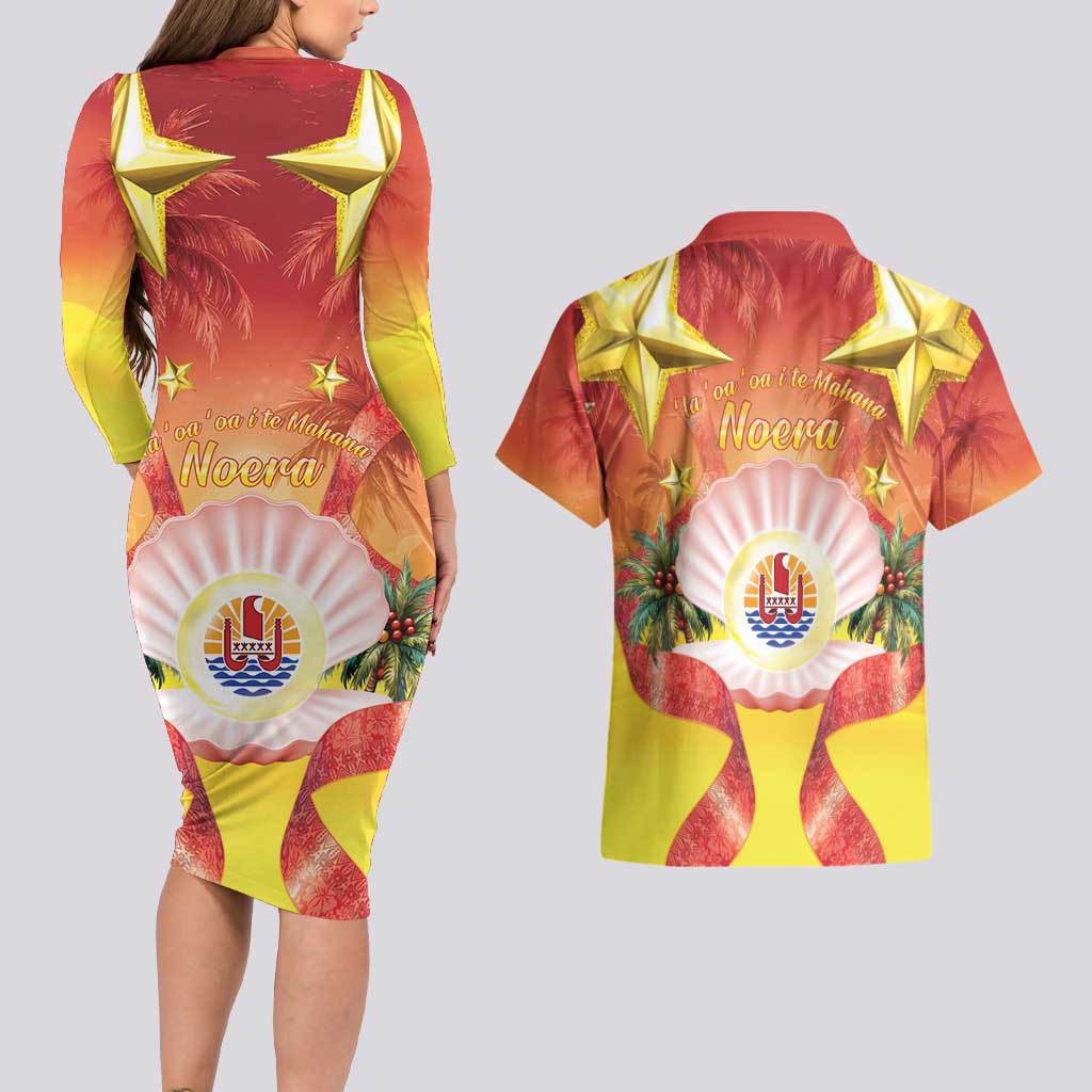 French Polynesia Christmas Couples Matching Long Sleeve Bodycon Dress and Hawaiian Shirt Seashell Santa Beach Vibes LT05 - Polynesian Pride