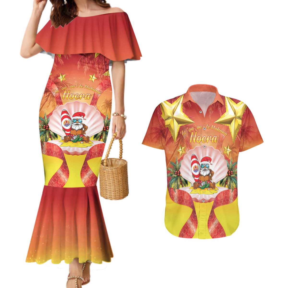 French Polynesia Christmas Couples Matching Mermaid Dress and Hawaiian Shirt Seashell Santa Beach Vibes - Polynesian Pride