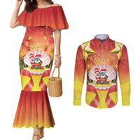 French Polynesia Christmas Couples Matching Mermaid Dress and Long Sleeve Button Shirt Seashell Santa Beach Vibes - Polynesian Pride