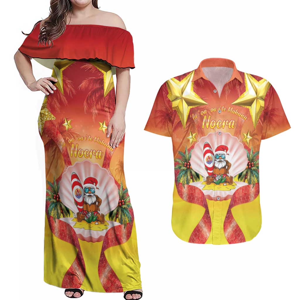 French Polynesia Christmas Couples Matching Off Shoulder Maxi Dress and Hawaiian Shirt Seashell Santa Beach Vibes - Polynesian Pride