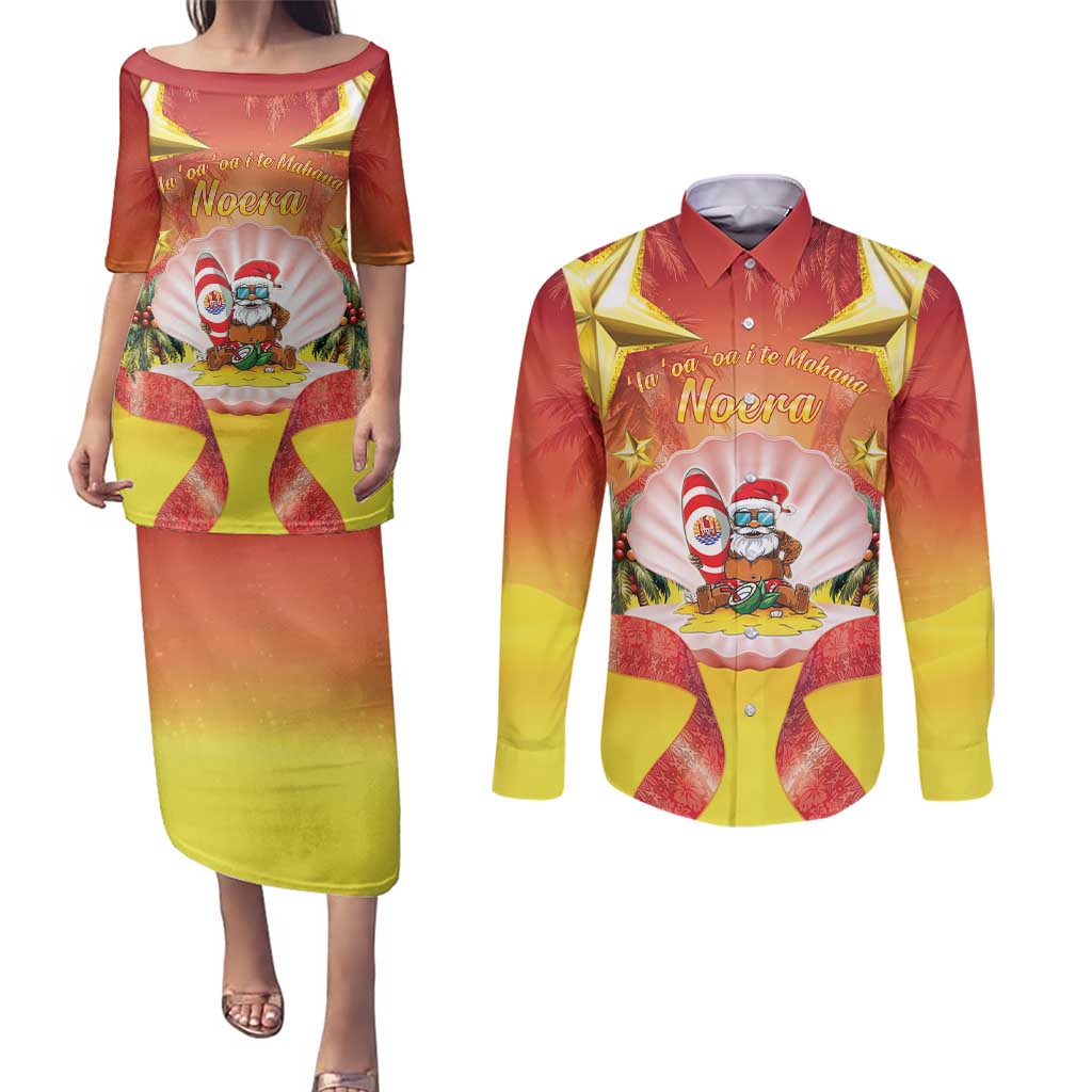 French Polynesia Christmas Couples Matching Puletasi and Long Sleeve Button Shirt Seashell Santa Beach Vibes LT05 Orange - Polynesian Pride