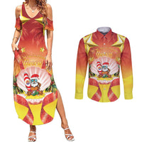 French Polynesia Christmas Couples Matching Summer Maxi Dress and Long Sleeve Button Shirt Seashell Santa Beach Vibes LT05 Orange - Polynesian Pride