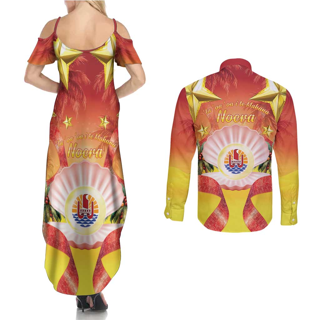 French Polynesia Christmas Couples Matching Summer Maxi Dress and Long Sleeve Button Shirt Seashell Santa Beach Vibes LT05 - Polynesian Pride