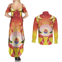 French Polynesia Christmas Couples Matching Summer Maxi Dress and Long Sleeve Button Shirt Seashell Santa Beach Vibes LT05 - Polynesian Pride