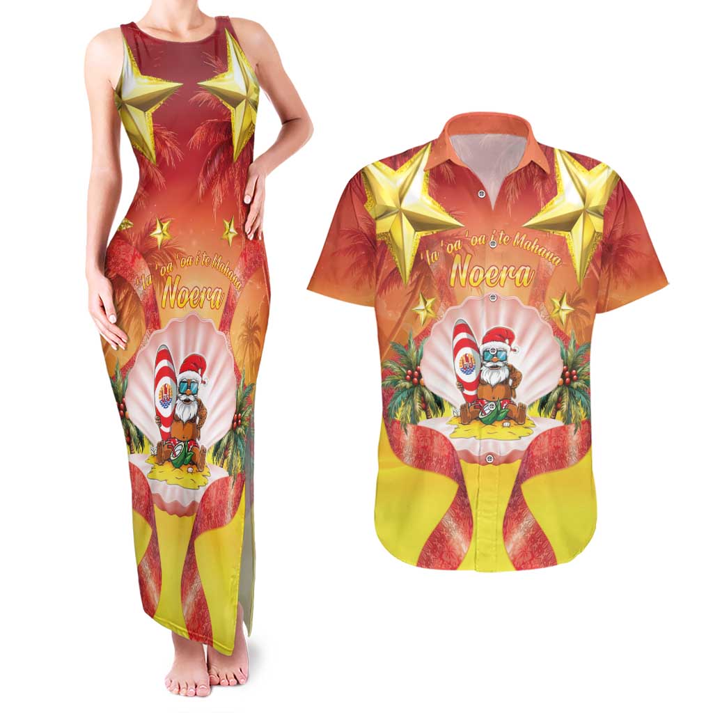 French Polynesia Christmas Couples Matching Tank Maxi Dress and Hawaiian Shirt Seashell Santa Beach Vibes - Polynesian Pride