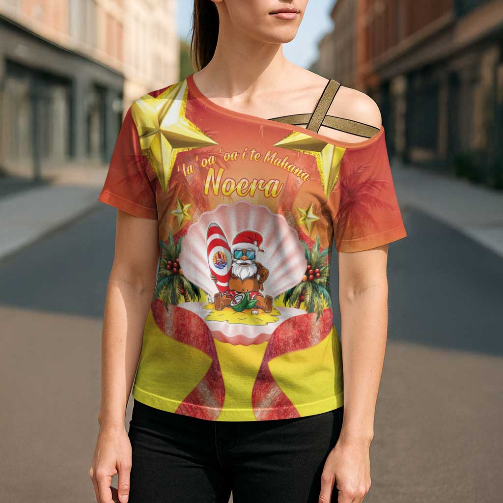 French Polynesia Christmas Cross Shoulder Shirt Seashell Santa Beach Vibes - Polynesian Pride
