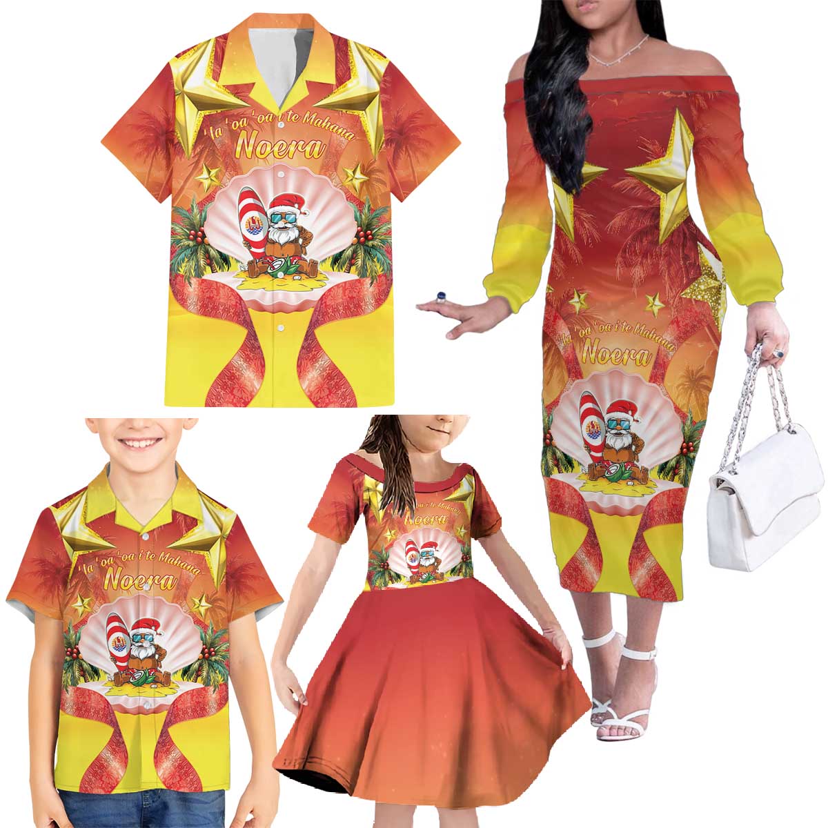 French Polynesia Christmas Family Matching Off The Shoulder Long Sleeve Dress and Hawaiian Shirt Seashell Santa Beach Vibes LT05 - Polynesian Pride