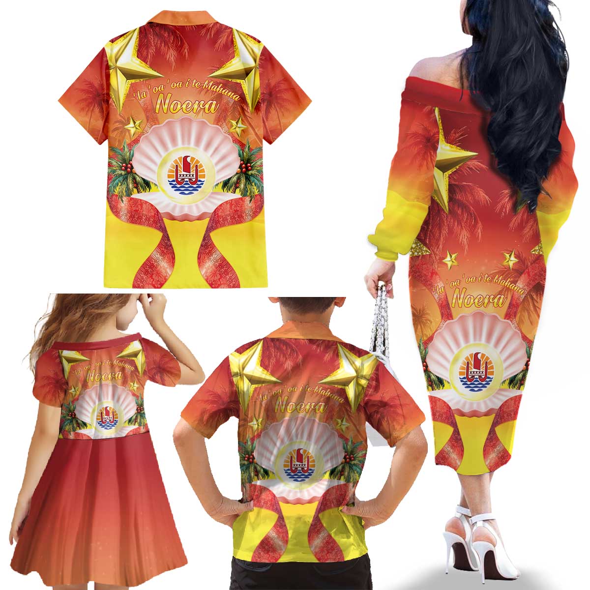French Polynesia Christmas Family Matching Off The Shoulder Long Sleeve Dress and Hawaiian Shirt Seashell Santa Beach Vibes LT05 - Polynesian Pride
