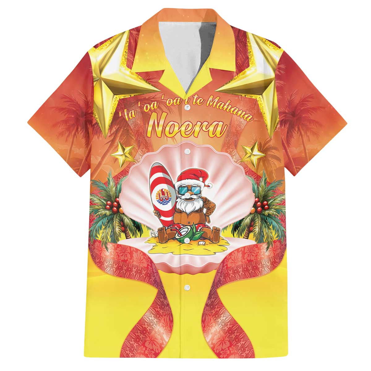 French Polynesia Christmas Family Matching Off The Shoulder Long Sleeve Dress and Hawaiian Shirt Seashell Santa Beach Vibes LT05 Dad's Shirt - Short Sleeve Orange - Polynesian Pride