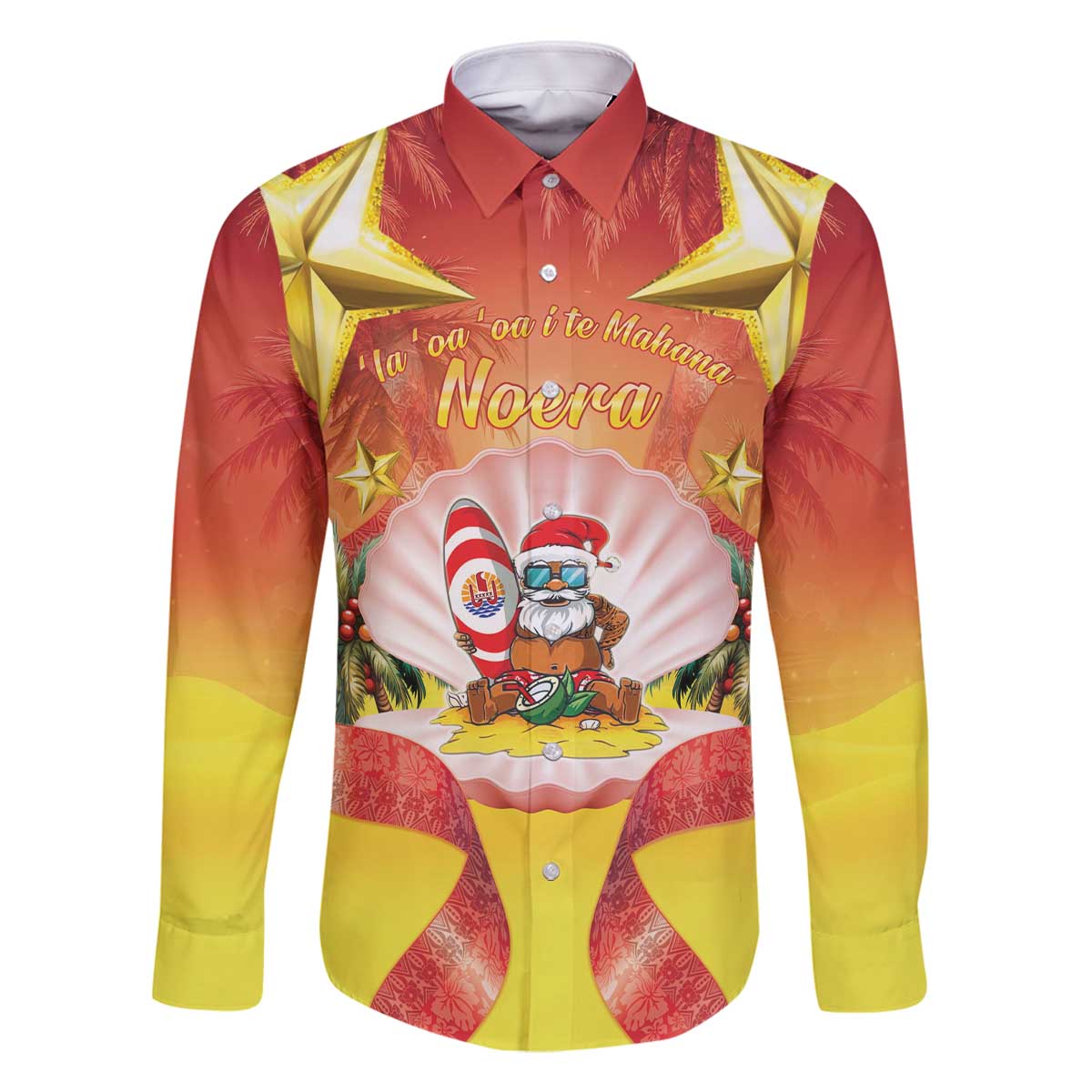 French Polynesia Christmas Family Matching Off The Shoulder Long Sleeve Dress and Hawaiian Shirt Seashell Santa Beach Vibes LT05 Dad's Shirt - Long Sleeve Orange - Polynesian Pride
