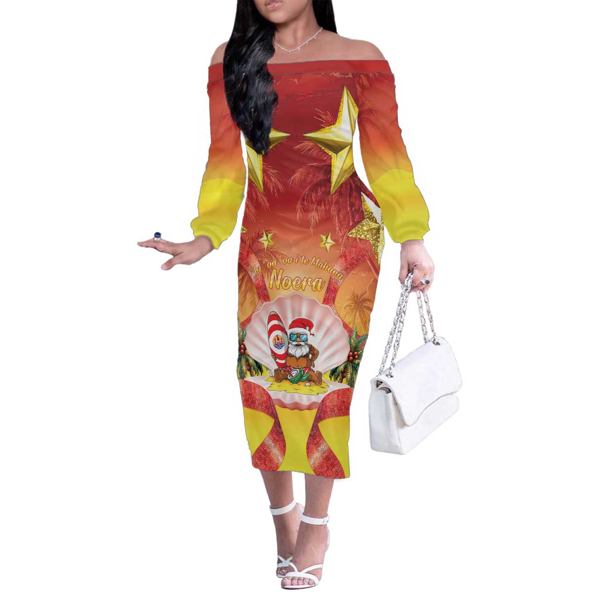 French Polynesia Christmas Family Matching Off The Shoulder Long Sleeve Dress and Hawaiian Shirt Seashell Santa Beach Vibes LT05 Mom's Dress Orange - Polynesian Pride