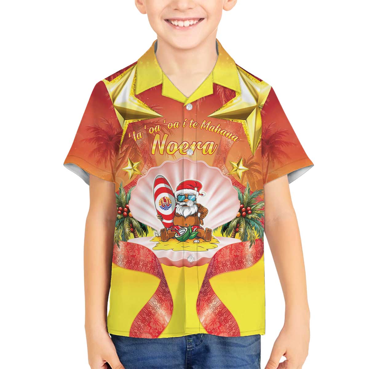 French Polynesia Christmas Family Matching Off The Shoulder Long Sleeve Dress and Hawaiian Shirt Seashell Santa Beach Vibes LT05 Son's Shirt Orange - Polynesian Pride