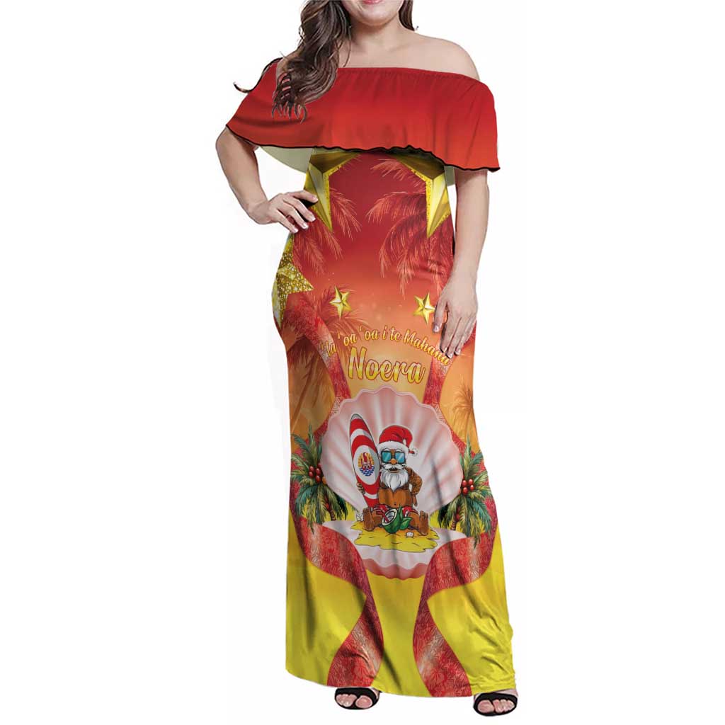 French Polynesia Christmas Family Matching Off Shoulder Maxi Dress and Hawaiian Shirt Seashell Santa Beach Vibes LT05 Mom's Dress Orange - Polynesian Pride
