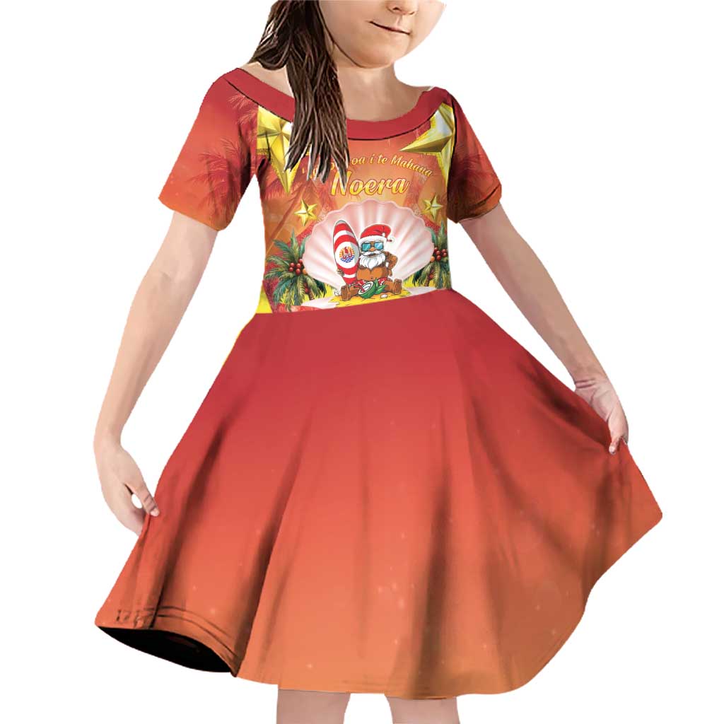French Polynesia Christmas Family Matching Off Shoulder Short Dress and Hawaiian Shirt Seashell Santa Beach Vibes LT05 Daughter's Dress Orange - Polynesian Pride