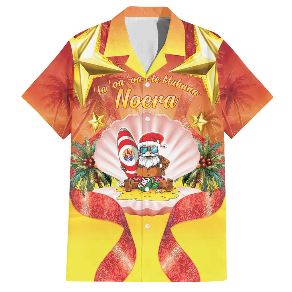 French Polynesia Christmas Family Matching Off Shoulder Short Dress and Hawaiian Shirt Seashell Santa Beach Vibes LT05 Dad's Shirt - Short Sleeve Orange - Polynesian Pride