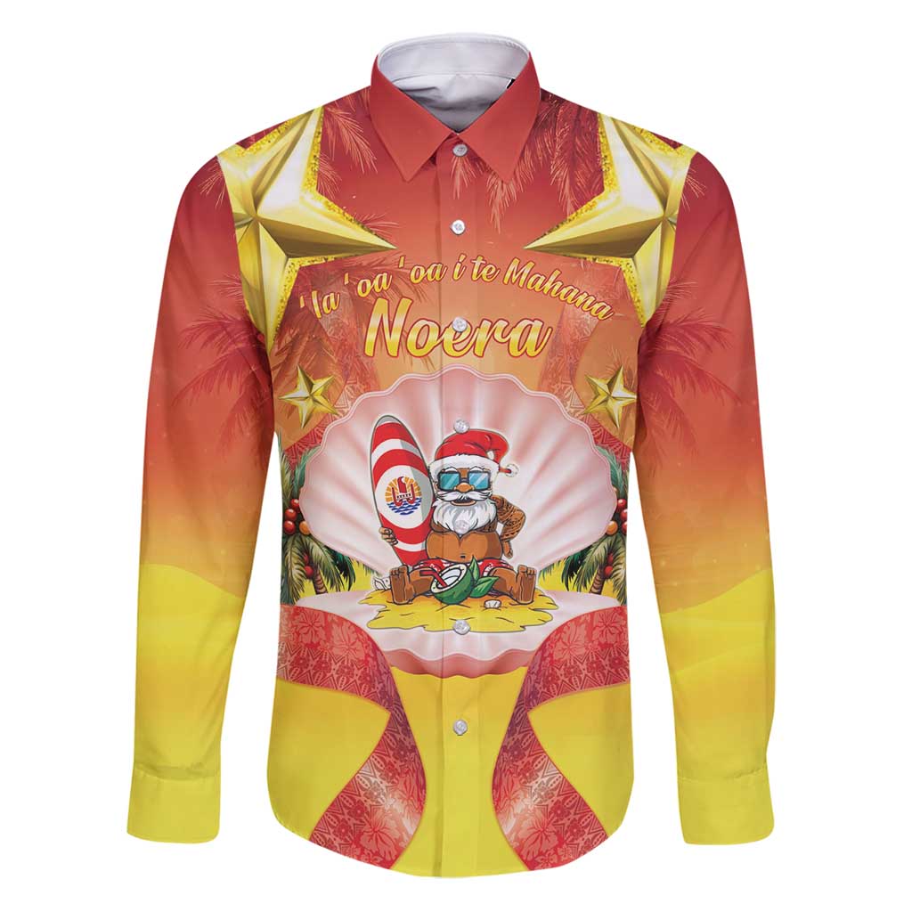 French Polynesia Christmas Family Matching Puletasi and Hawaiian Shirt Seashell Santa Beach Vibes LT05 Dad's Shirt - Long Sleeve Orange - Polynesian Pride
