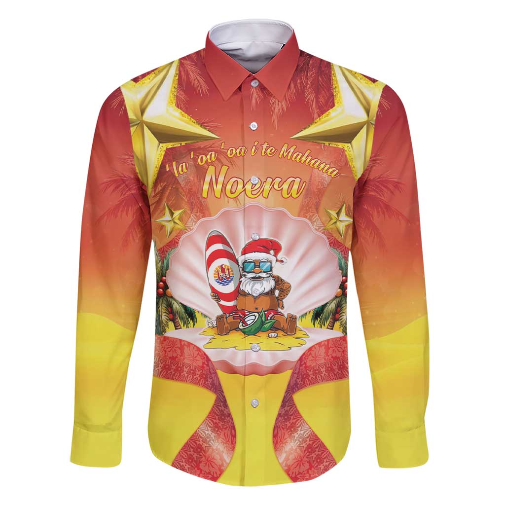 French Polynesia Christmas Family Matching Short Sleeve Bodycon Dress and Hawaiian Shirt Seashell Santa Beach Vibes LT05 Dad's Shirt - Long Sleeve Orange - Polynesian Pride
