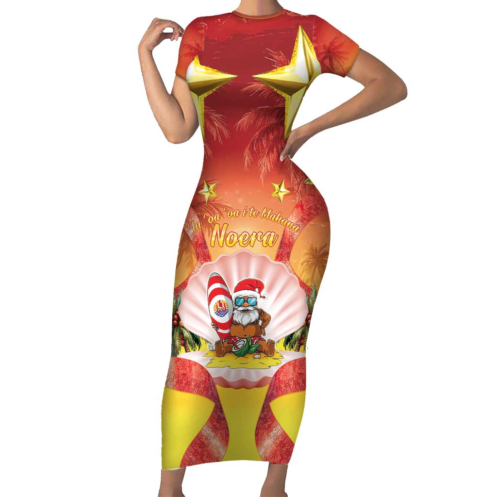 French Polynesia Christmas Family Matching Short Sleeve Bodycon Dress and Hawaiian Shirt Seashell Santa Beach Vibes LT05 Mom's Dress Orange - Polynesian Pride