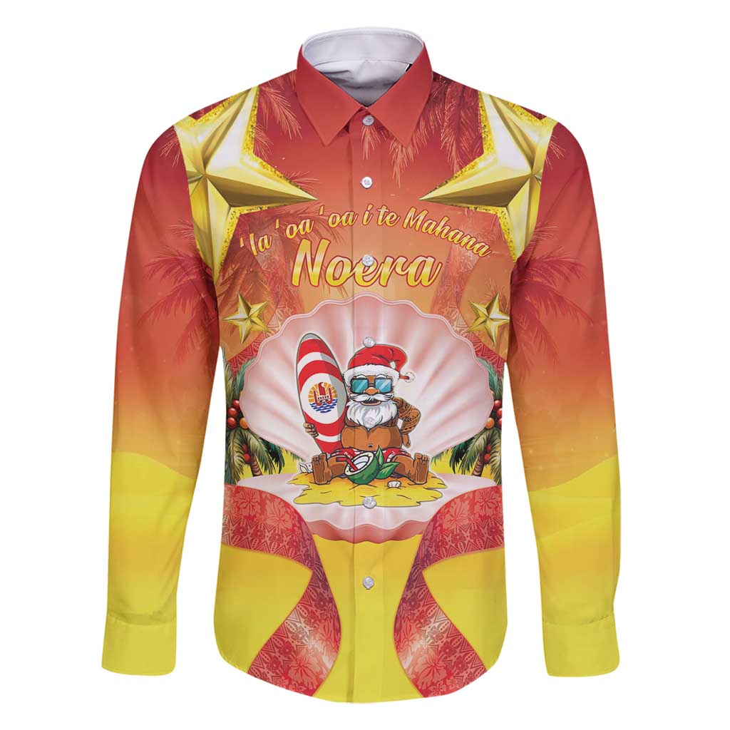 French Polynesia Christmas Family Matching Tank Maxi Dress and Hawaiian Shirt Seashell Santa Beach Vibes LT05 Dad's Shirt - Long Sleeve Orange - Polynesian Pride