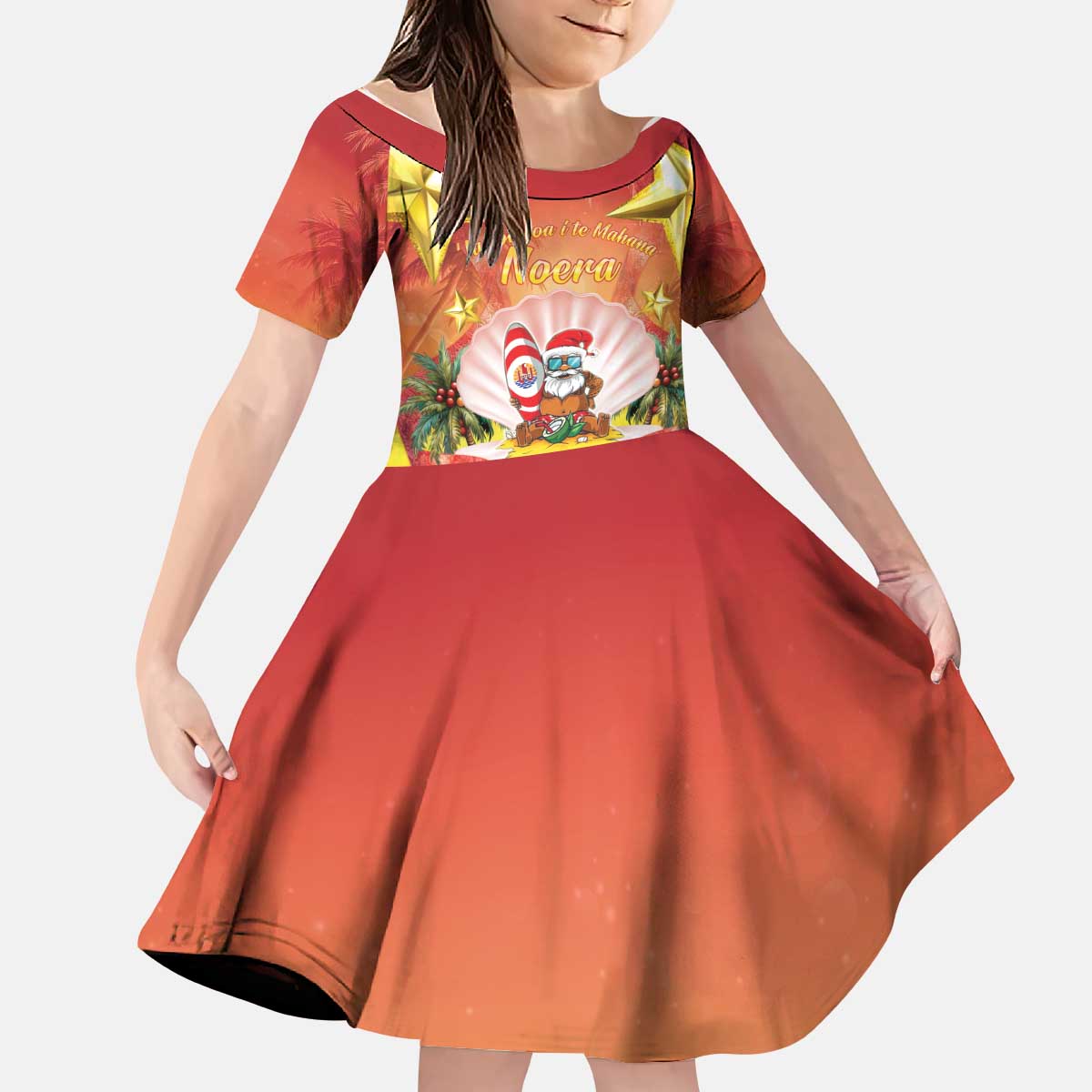 French Polynesia Christmas Kid Short Sleeve Dress Seashell Santa Beach Vibes LT05 KID Orange - Polynesian Pride