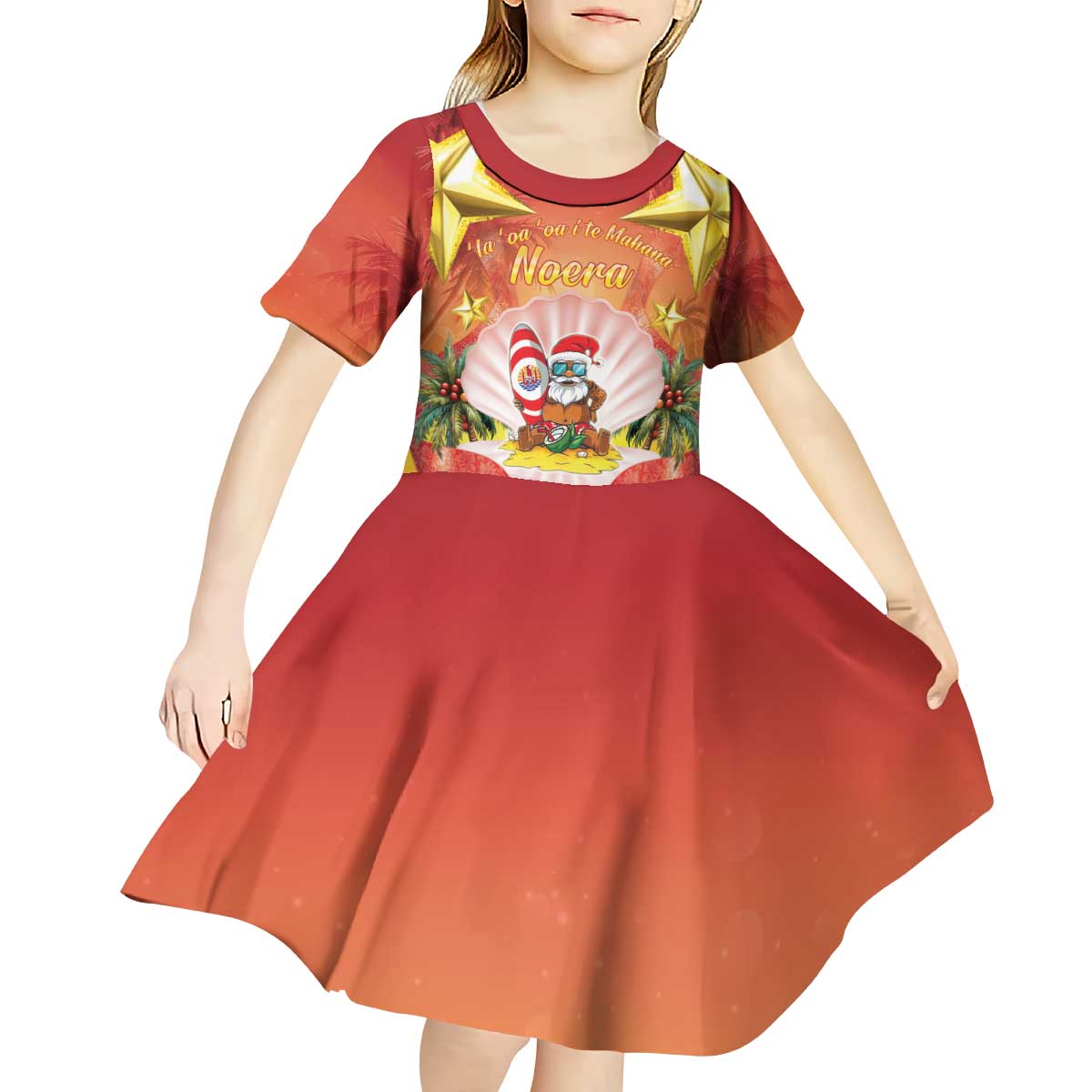 French Polynesia Christmas Kid Short Sleeve Dress Seashell Santa Beach Vibes LT05 - Polynesian Pride