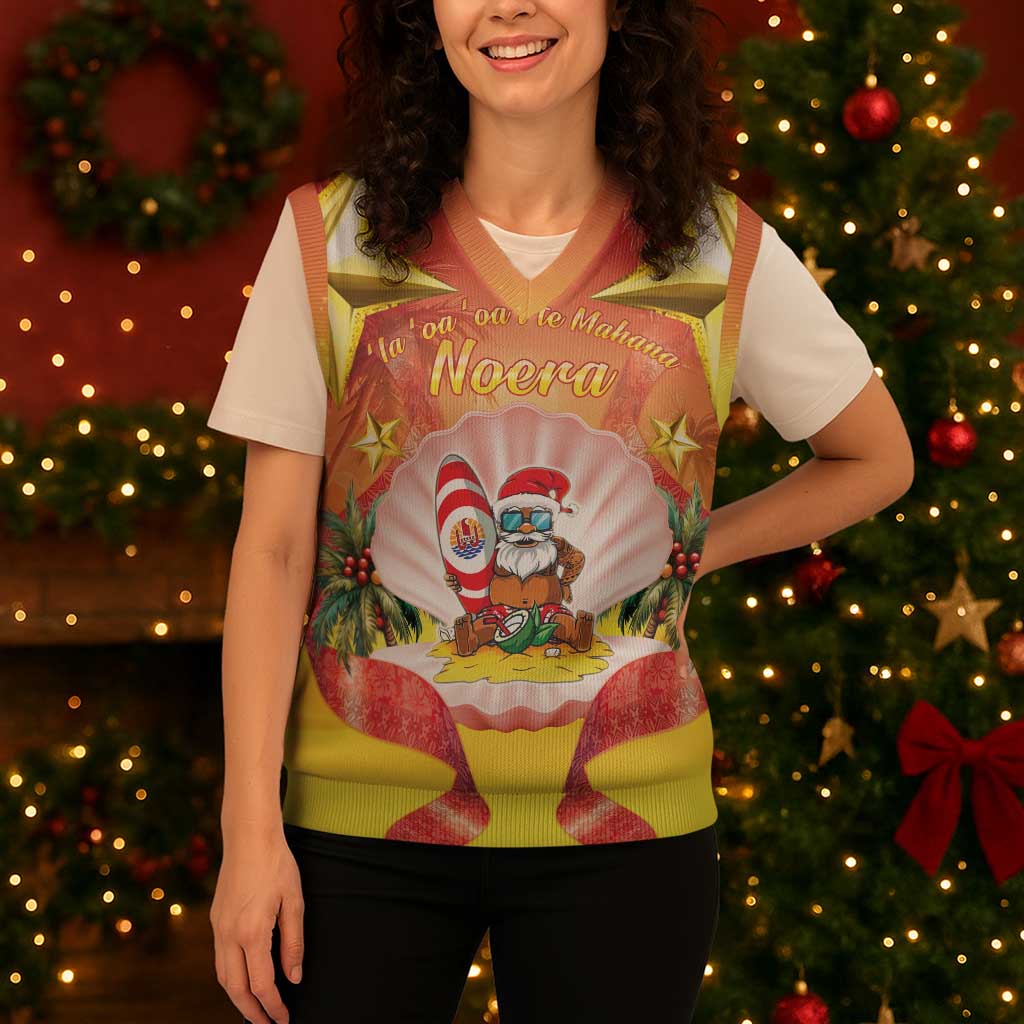 French Polynesia Christmas Knitted V-Neck Vest Seashell Santa Beach Vibes - Polynesian Pride